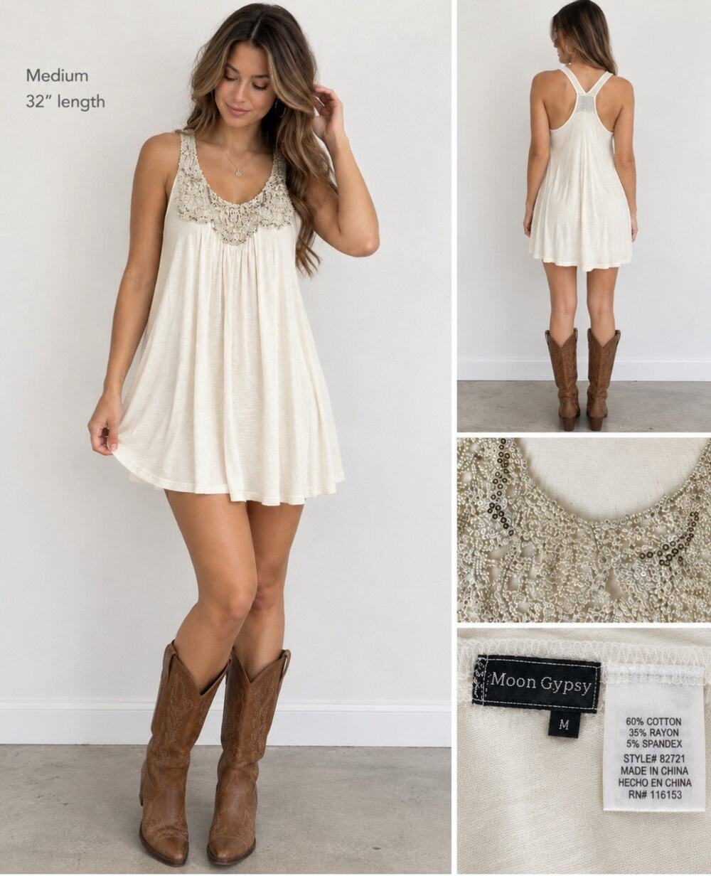 Y2K 2000s Boho Moon Gypsy Women's Racerback Swing Dress Size M Ivory Beaded Bib
